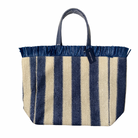 Navy and beige striped tote bag with frayed fringe top trim and double carry handles.