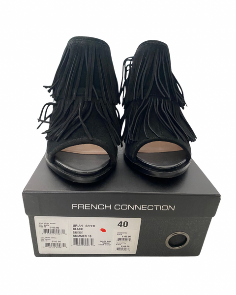 French Connection Suede Fringe Mules Black SIZE 40