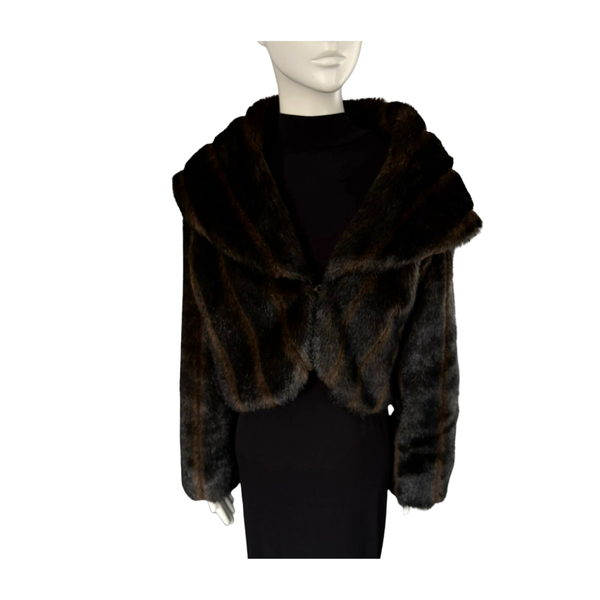 Shawl Collar Faux Fur Cropped Coat Brown Size 16 - Preloved