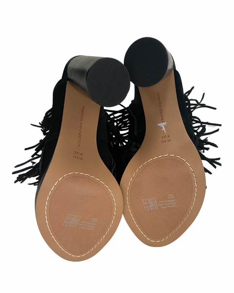 French Connection Suede Fringe Mules Black SIZE 40