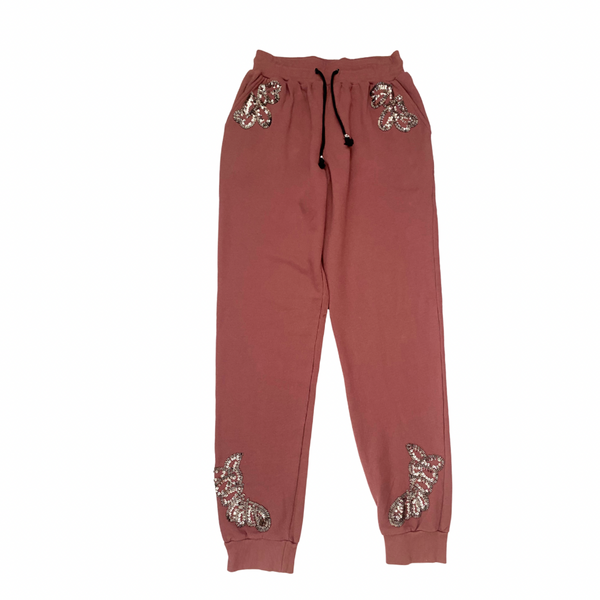Religion Tibetan brown joggers with sequin butterfly embellishments, size L, laid flat.
