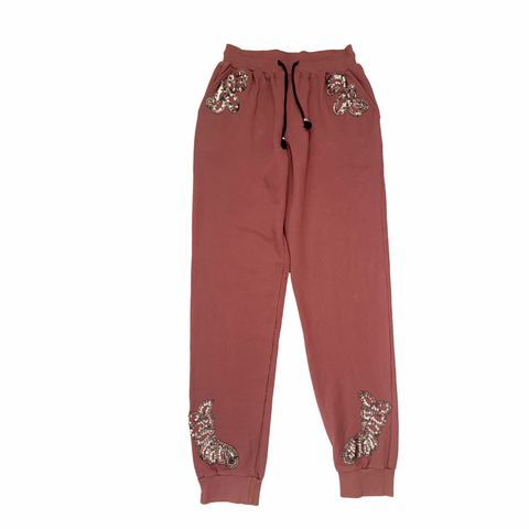 Religion Tibetan brown joggers with sequin butterfly embellishments, size L, laid flat.
