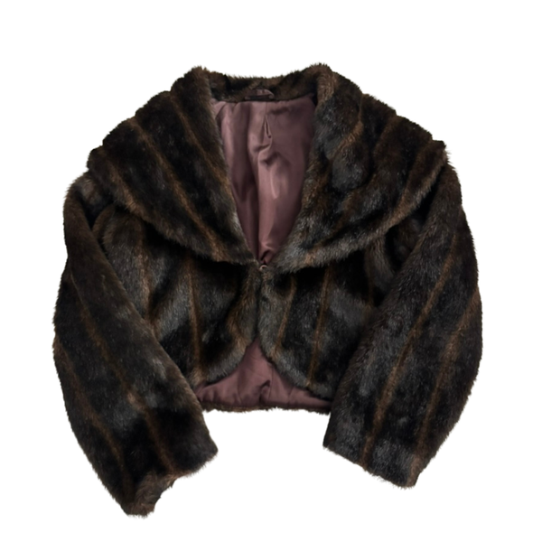 Shawl Collar Faux Fur Cropped Coat Brown Size 16 - Preloved