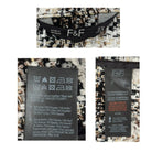 Close-up of F&F clothing labels with patterned fabric background