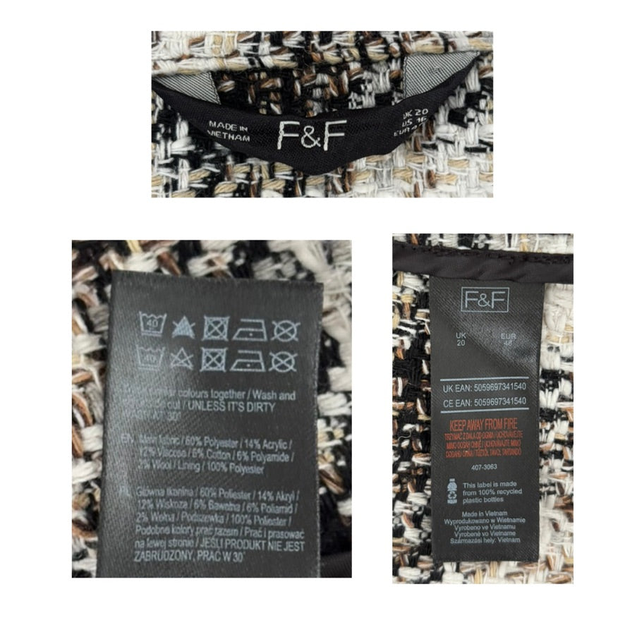 Close-up of F&F clothing labels with patterned fabric background