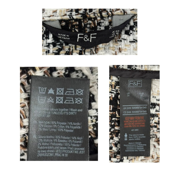 Close-up of F&F clothing labels with patterned fabric background