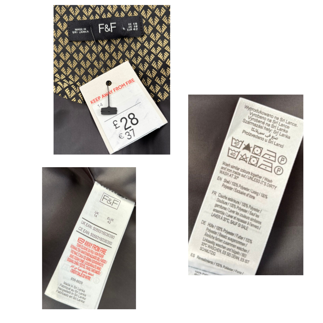 Collage of clothing labels with F&F branding and text on a dark background