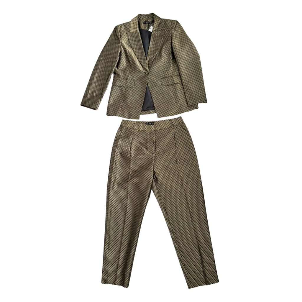 Gold checkered suit jacket and pants on a white background