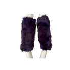 Purple faux fur leg warmers on mannequin legs against a white background