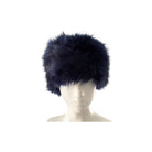 Navy blue fur hat on a mannequin head against a white background