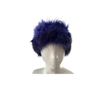 Purple  feathered headpiece on a mannequin head against a white background