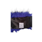 Label on black with purple fur trim material  on a white background