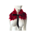 Red fur collar with a black ribbon on a mannequin against a white background
