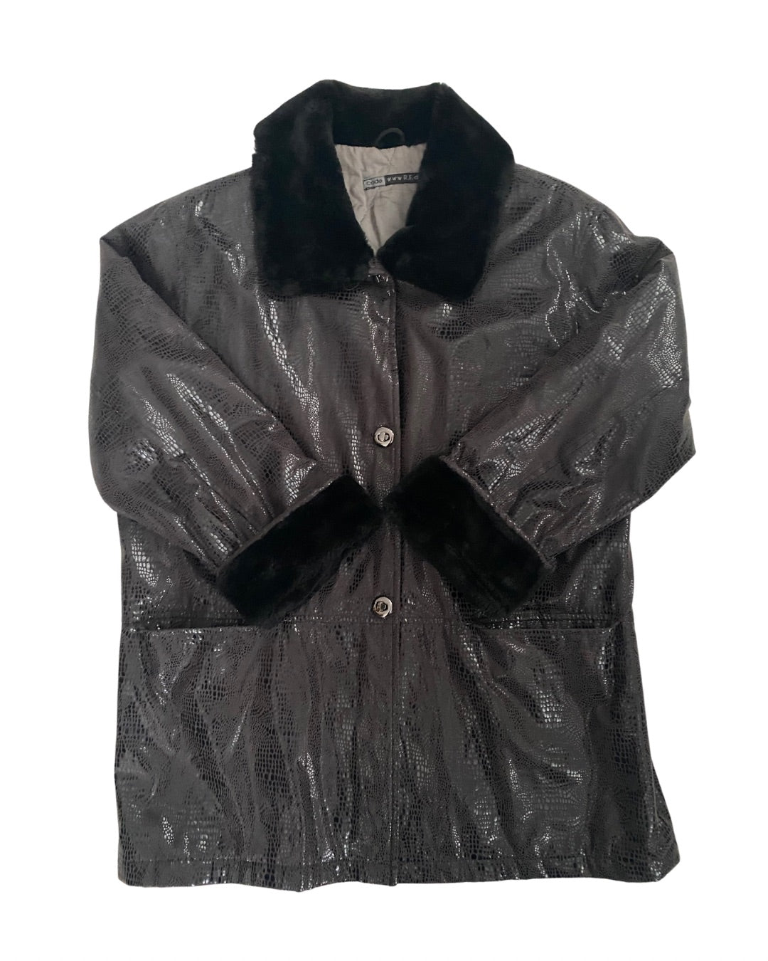 Black shiny jacket with black fur collar and cuffs on a white background