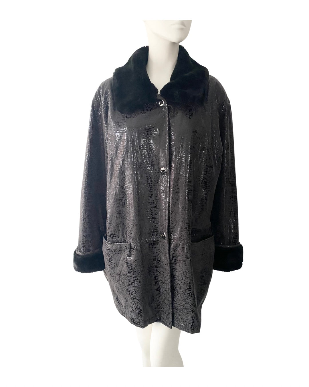 Dark grey textured coat with black fur collar on a mannequin against a white background