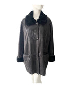 Dark grey textured coat with black fur collar on a mannequin against a white background