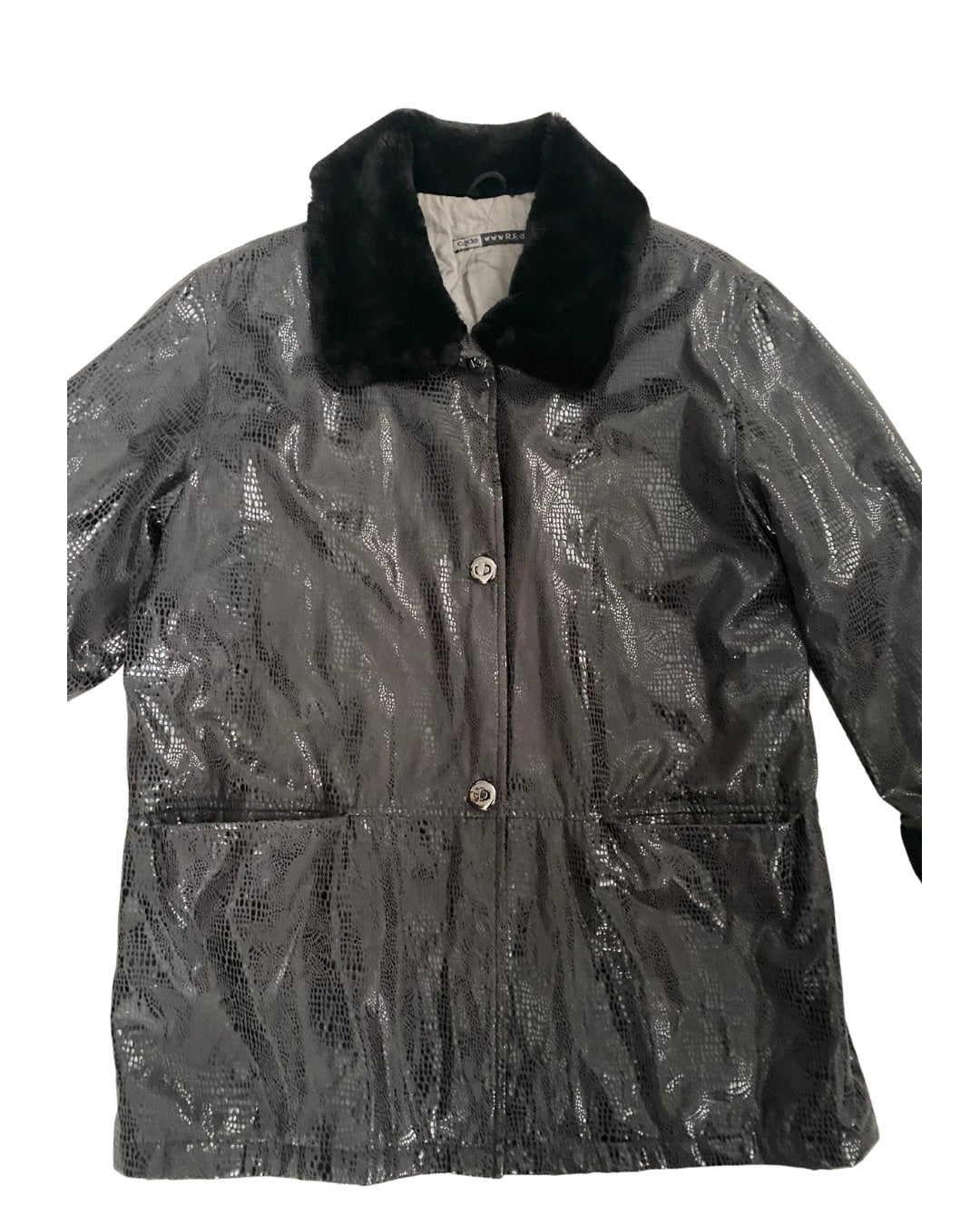 Gray raincoat with black fur collar on a white background