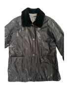 Gray raincoat with black fur collar on a white background