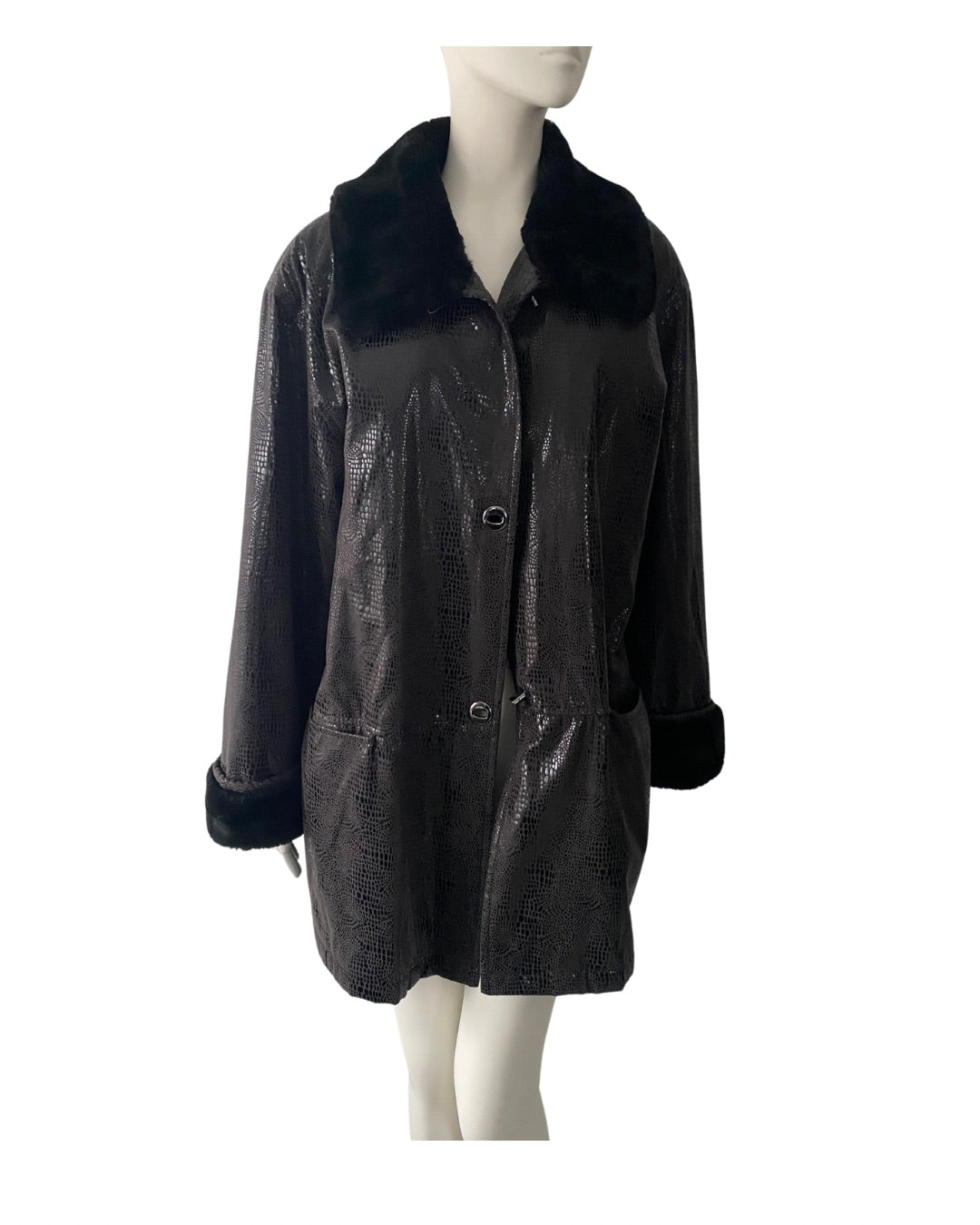 Black coat with fur collar on a mannequin against a white background