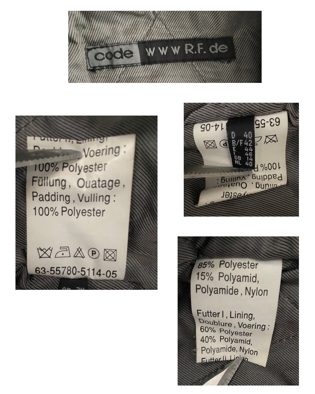 Collage of clothing labels with text and symbols on a gray background
