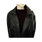 Black leather jacket on a mannequin against a white background