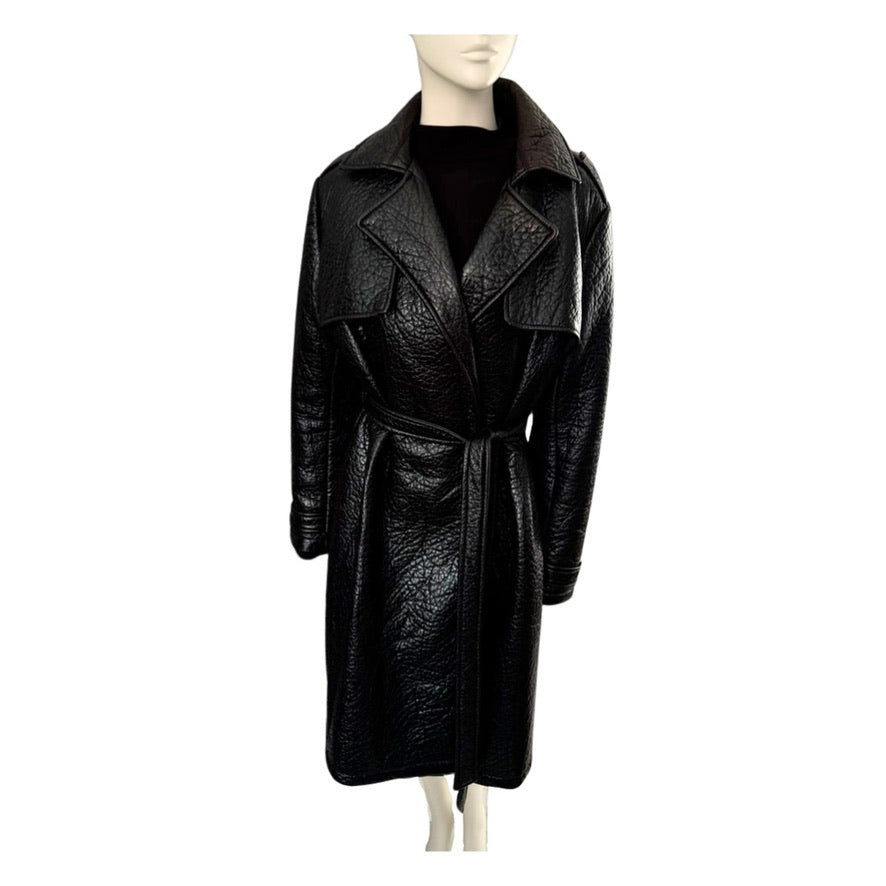 Black leather coat on a mannequin against a white background