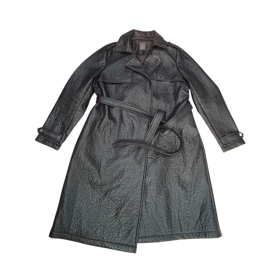 Black trench coat with a belt on a white background