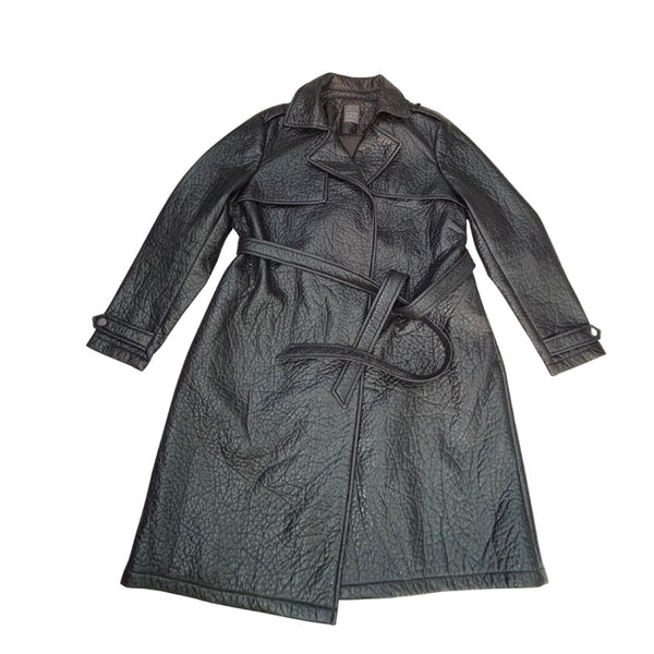 Black trench coat with a belt on a white background