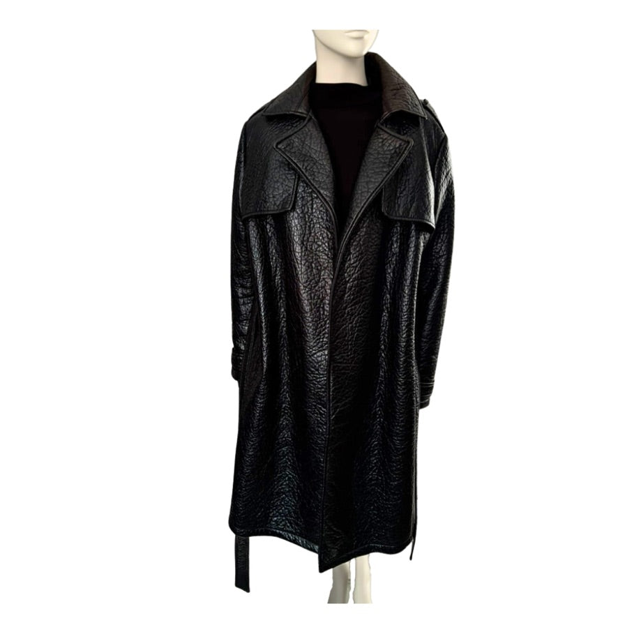 Black textured coat on a mannequin against a white background