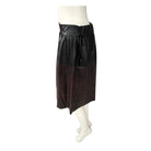 Black and burgundy leather skirt on a mannequin against a white background