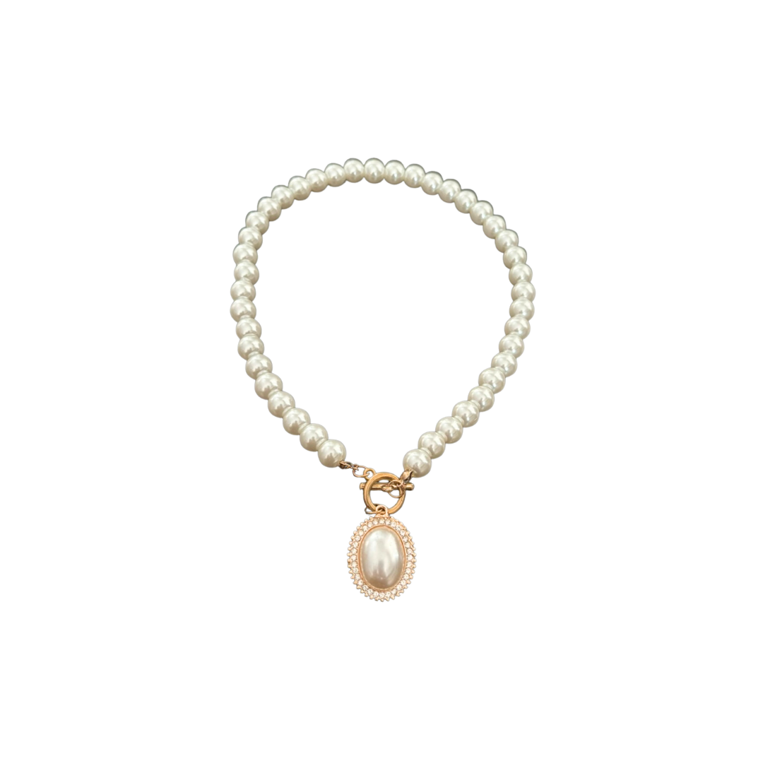 Pearl necklace with a gold clasp on a white background