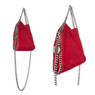 Red handbag with silver chain detail on a white background