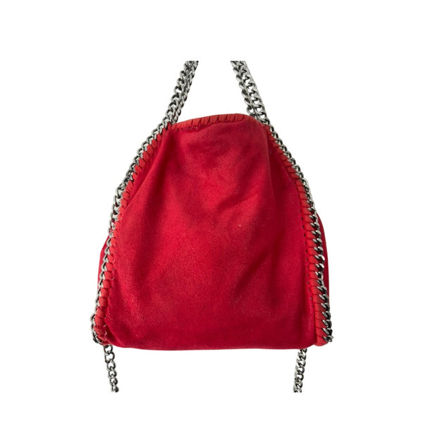 Red handbag with chain details on a white background