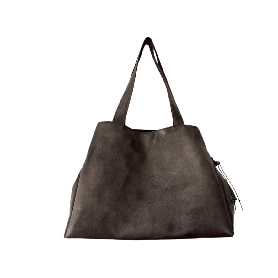 Dark brown leather tote bag on a white background