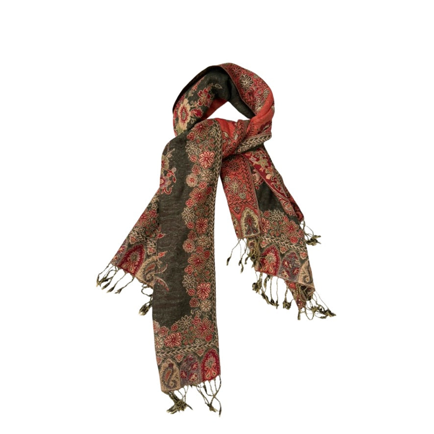 Decorative scarf with intricate patterns on a white background