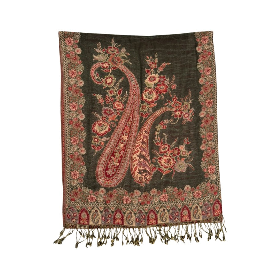 Decorative scarf with paisley and floral patterns on a dark background