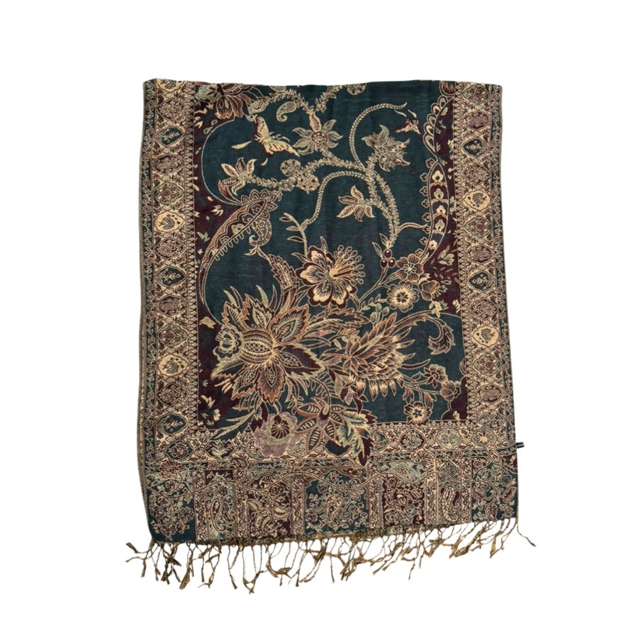Decorative scarf with intricate floral patterns on a white background