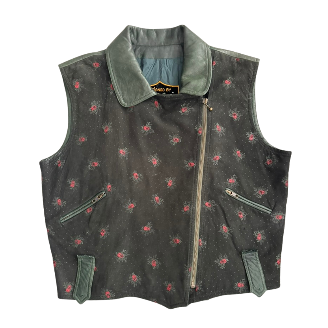 Dark gray vest with floral pattern and zippers on a white background
