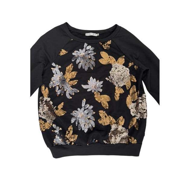 Black sweatshirt with gold and silver floral patterns on a white background