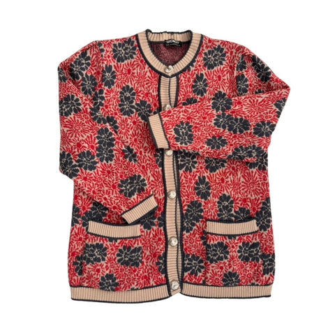 Red floral patterned cardigan on a white background