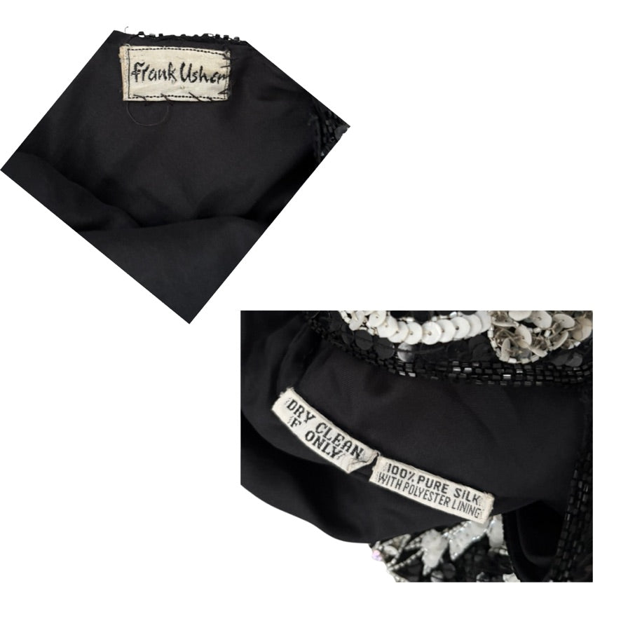 Black silk fabric with 'Frank Usher' label and cleaning instructions.