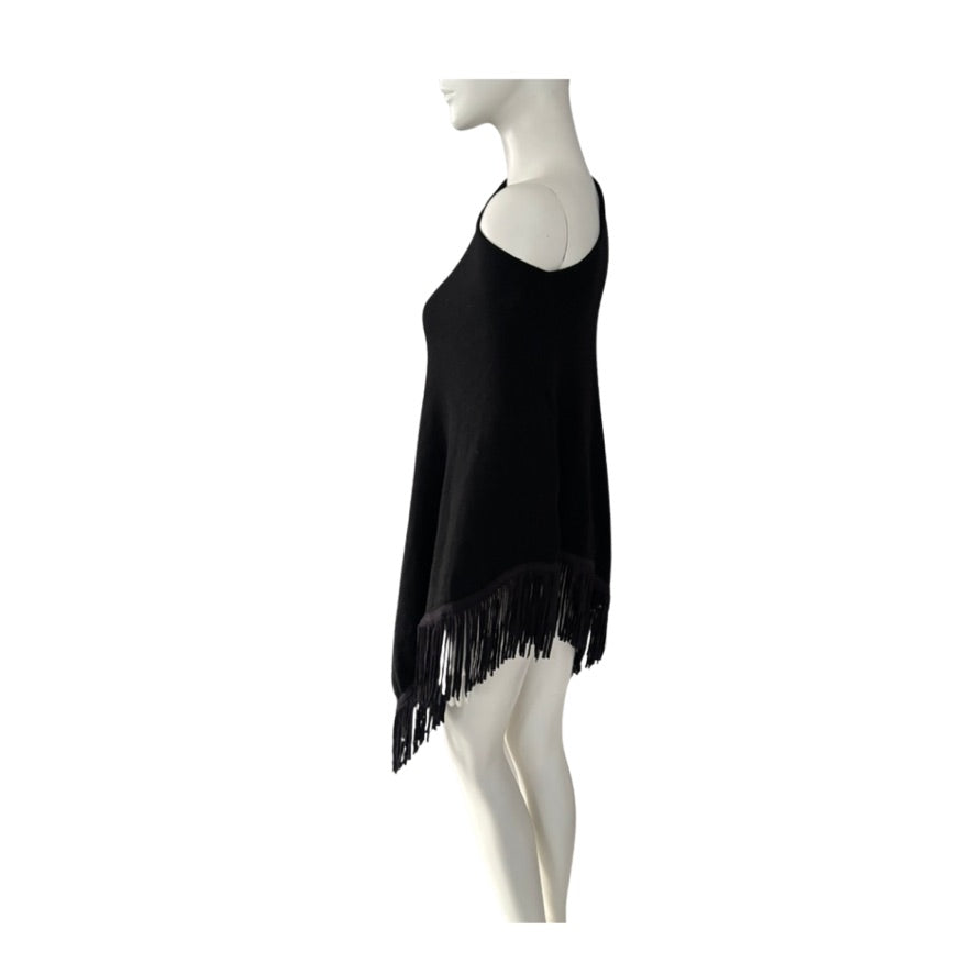 Black fringe dress on a mannequin against a white background