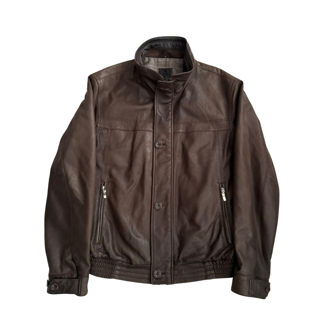 Brown leather jacket on a white background