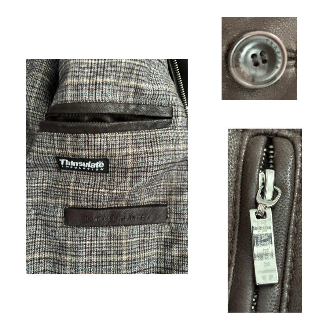 Close-up of a textured fabric with Thinsulate label, zipper, and button detail.