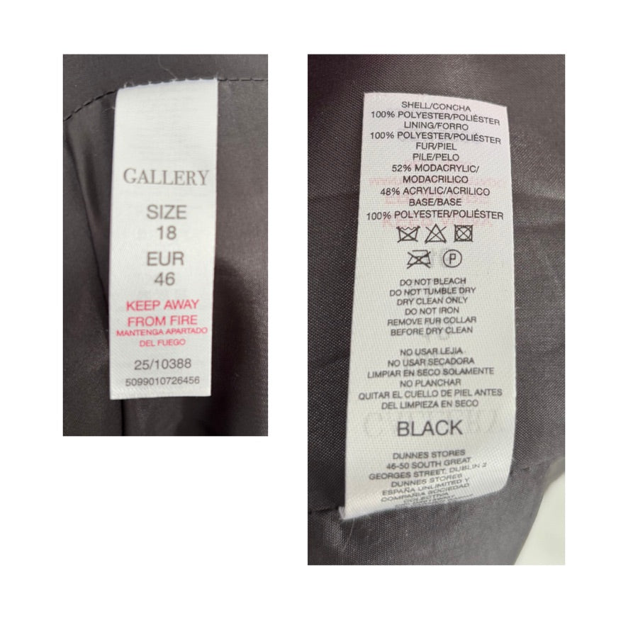 Clothing labels with size, care instructions, and brand information on a garment.