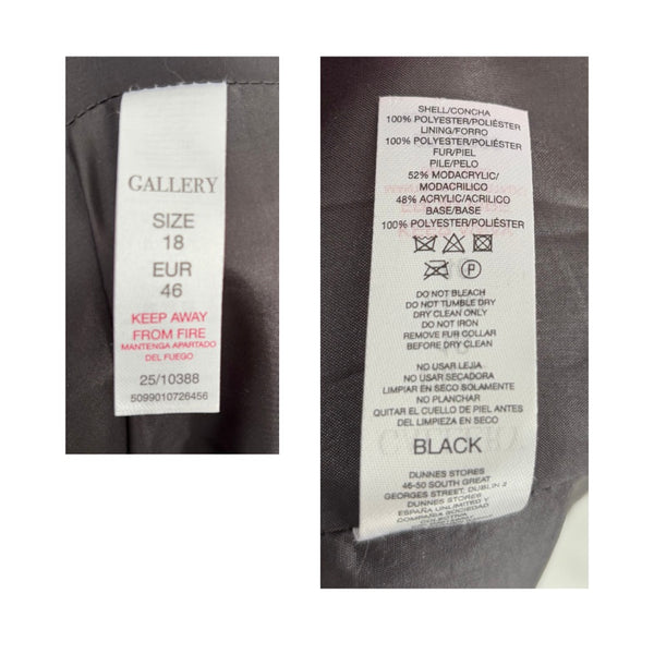 Clothing labels with size, care instructions, and brand information on a garment.
