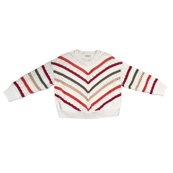White sweater with red, green, and beige striped sleeves on a white background