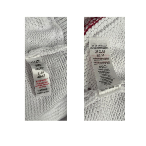 Close-up of fabric labels on a textured fabric background