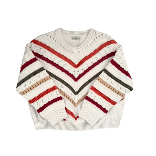 Striped sweater with red, beige, and gray patterns on a white background