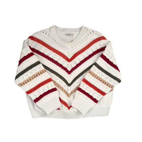 Striped sweater with red, beige, and gray patterns on a white background